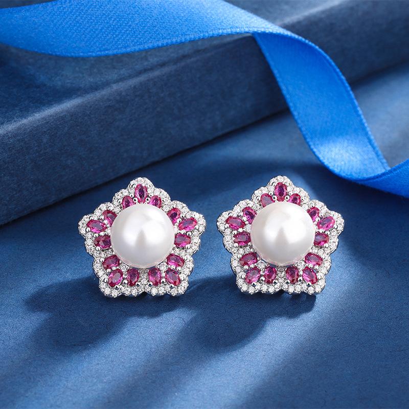 Jewelry Copper Bottom Gold-Plated Fritillary Pearl Star Colored Treasure Diamond Stud Earrings 10Mm