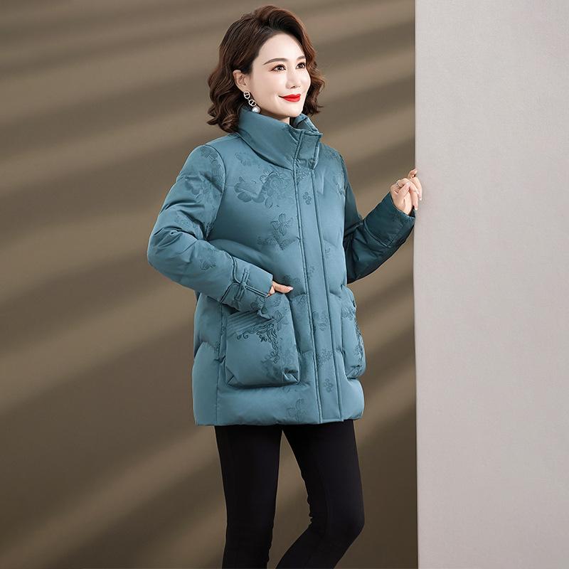 

Middle-aged mother down jacket short winter 2024 new fashion foreign style printing stand-up collar thickened warm jacket women L [recommended 90-55kg] фуксія