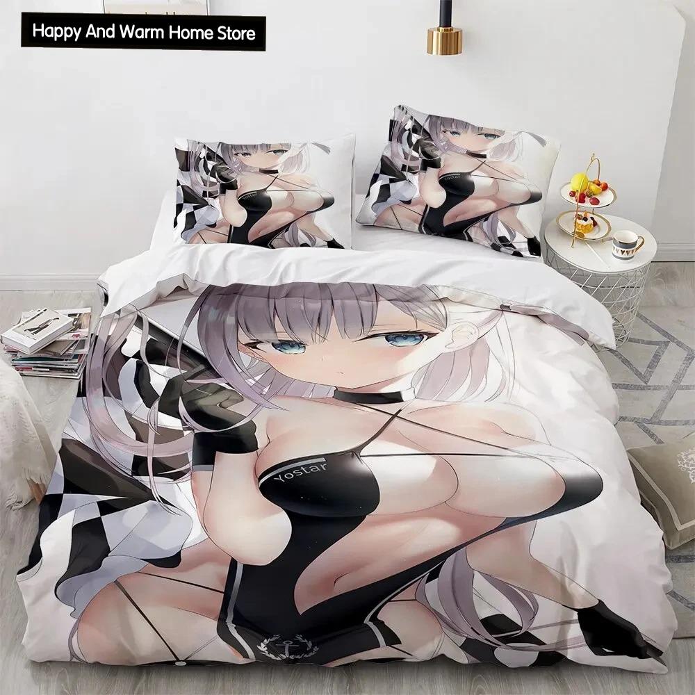 Set de lenjerie de pat pentru fete Kawaii Anime sexy, cuvertură de pilotă Set pat cuvertură husă de pilota pentru fată de pernă, King Queen Twin Size Băieți Fete Adulti