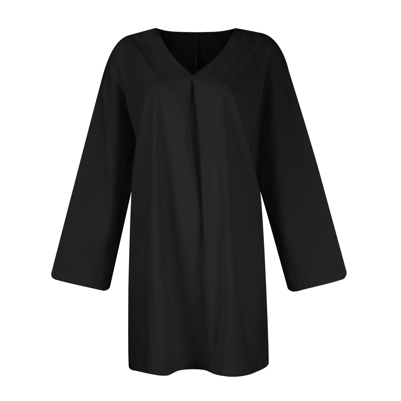 Женское однотонное повседневное платье из хлопка и льна с v-образным вырезом и рукавами — фото 5