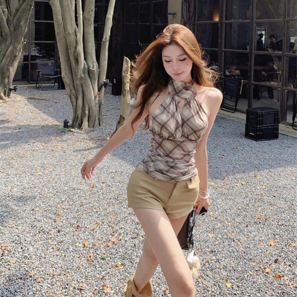Lace Up Halter Sleeveless Camisole Plaid Stripe Suspender Vest Fashion Slim Crop Tops Travel
