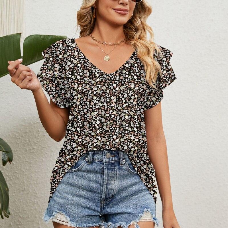 

Vintage Floral Print Casual Loose Tops Fashion V-neck Double Layer Butterfly Sleeves Women Blouses Summer Shirt L авокадо