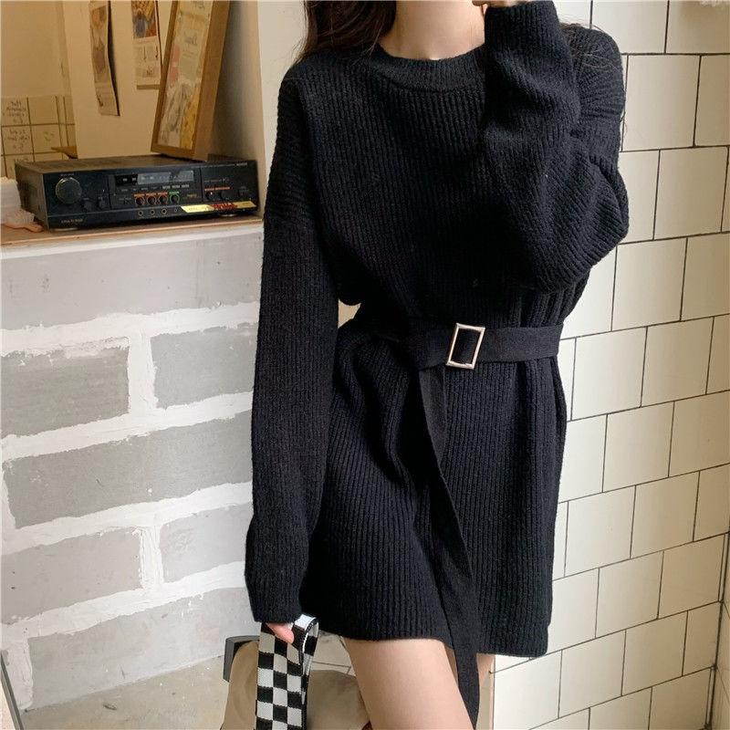 Women's Knit Dress Autumn Winter Simple Midi Sweater Dress Slim Fit Pullover Sweater Dress with Belt