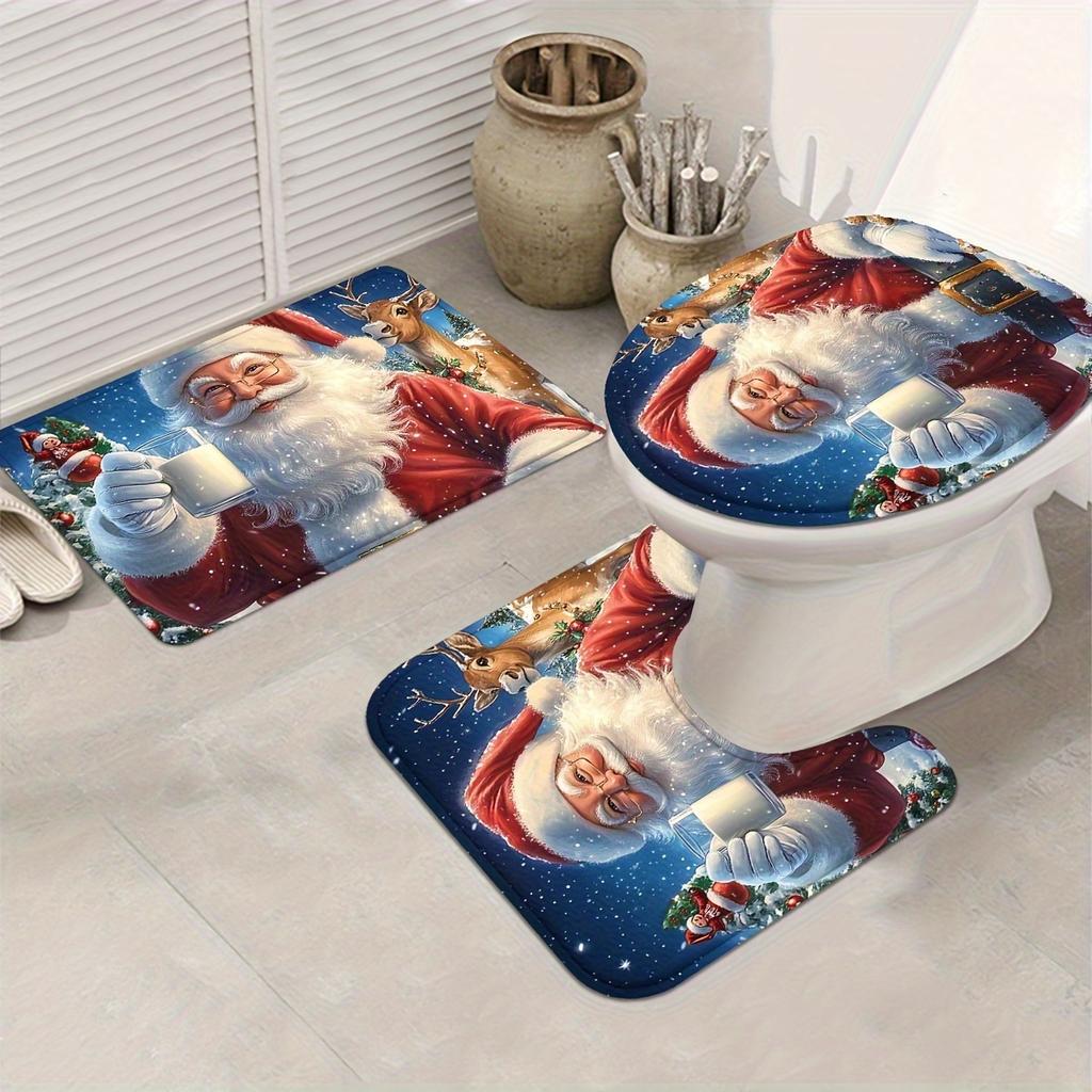 4-teiliges Weihnachtsmann-Duschvorhang-Set mit rutschfester Badematte, Toilettendeckelbezug, Kontur-Teppich & 12 Haken, Badezimmerdekoration