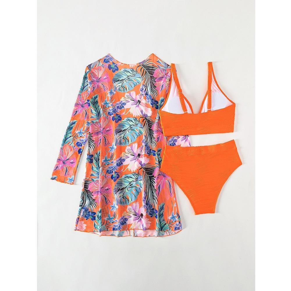 Kvinner tredelt bikinisett Høy midje shorts badedrakter Langermet utskrift Cover Ups Beach Biquinis feminino