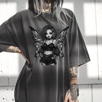Goth Fairy Girl T-shirt | Comfort Colors 1717 | Dark Fantasy Tattoo Fairycore Graphic | Gothic Wings Tee | Edgy Alt Fashion Aesthetic Gift