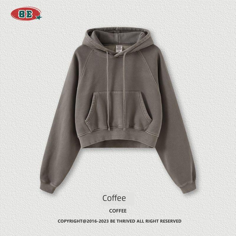 

Будьте женской одеждой 2025 Осень и Зима Европейский и Американский Гяру Реглан Ретро Выстиранный На флисовой подкладке Худи Женский свитер Женский Короткий Brown(Washed old color) L(Short)