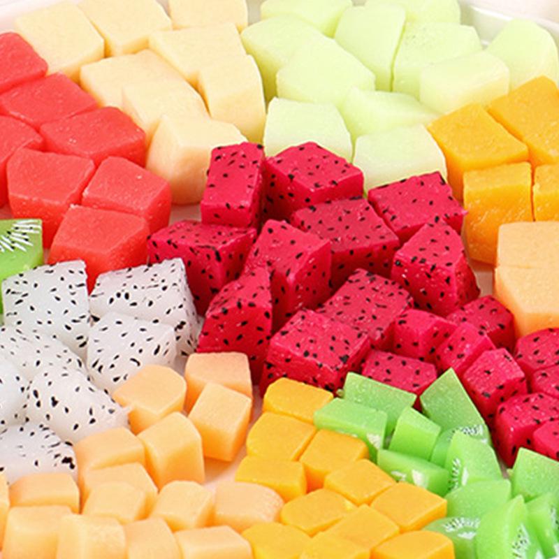 Miniature Fruit Slice Models: Strawberry, Cantaloupe, Watermelon Cubes - Salad Platter Display & Photography Prop.