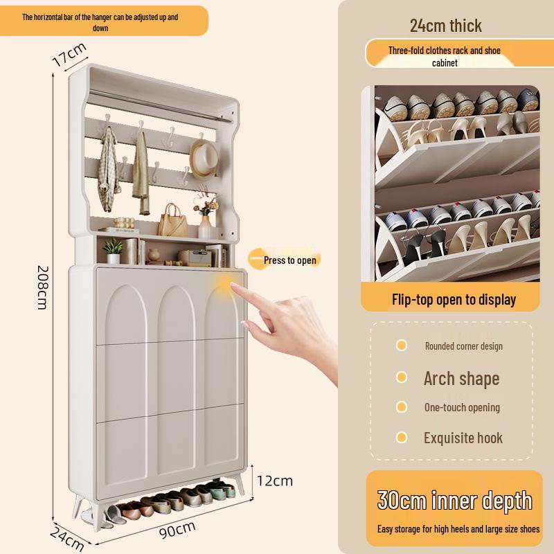 Ultra-Thin Flip-Top Shoe Cabinet & Coat Rack for Entryway Hallway Storage