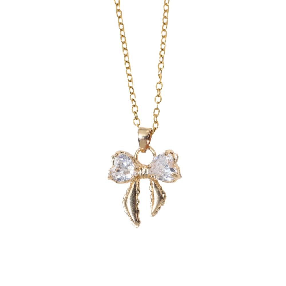 Cute Zirconia Heart Bow Pendant Necklace Jewelry for Women