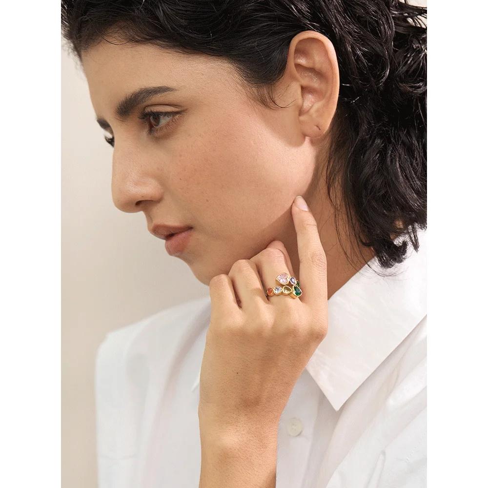Exquisite Colored Cubic Zircon Stainless Steel Gold Adjustable Fashionable Opening Ring - Charming Jewelry Accessory