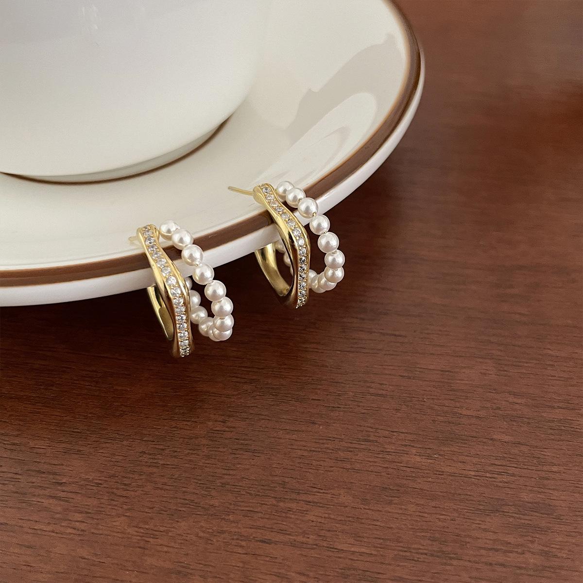 

Французькі ретро перлинні сережки жіночі легка розкіш вишукані цирконієві сережки-пусети нішеві висококласні темпераментні срібна голка двошарові сережки 925 silver needle