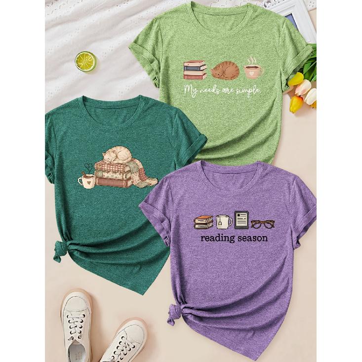 2026 Elegant Reading Season Cat Book Coffee Print Round Neck Women 3 Pack T Shirts Simple Slogan Needs Spring Summer Autumn Clothing Gift Set