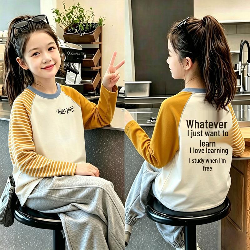 Girls' Cotton Long Sleeve Cartoon Color Block T-shirt