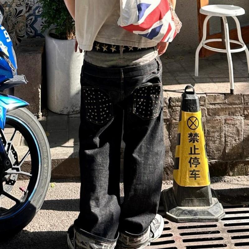 Mens Oversized Straight Leg Denim Jeans Black Vintage Washed Cotton Wide Fit Relaxed Casual Pants