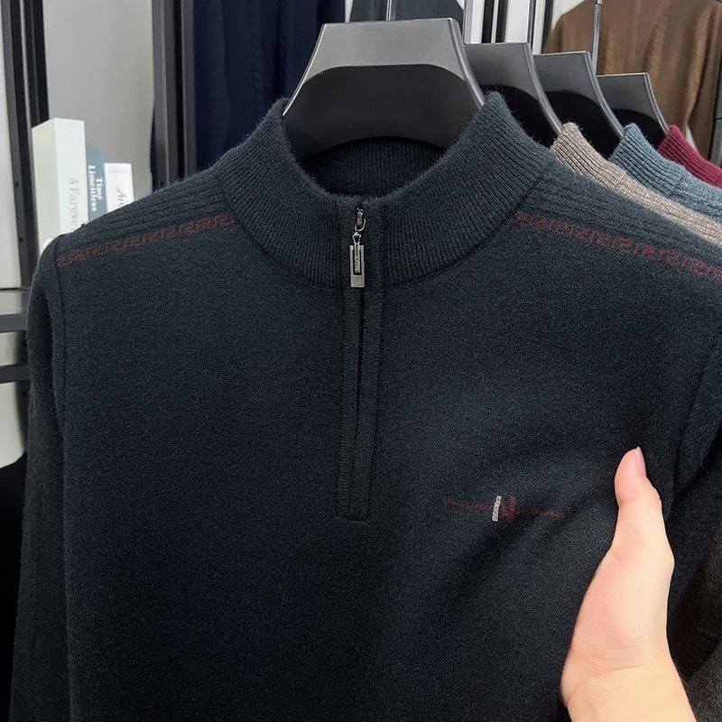 Men's Autumn/Winter Embroidered Knit Sweater: Zipper Stand Collar, Middle-aged Style, Fashionable & Thick, Versatile Warmth