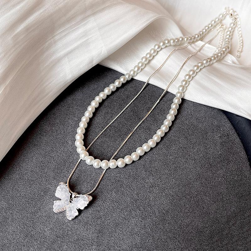 Elegant Blue Crystal Butterfly & Pearl Necklace - Double Layer, French Luxury Style