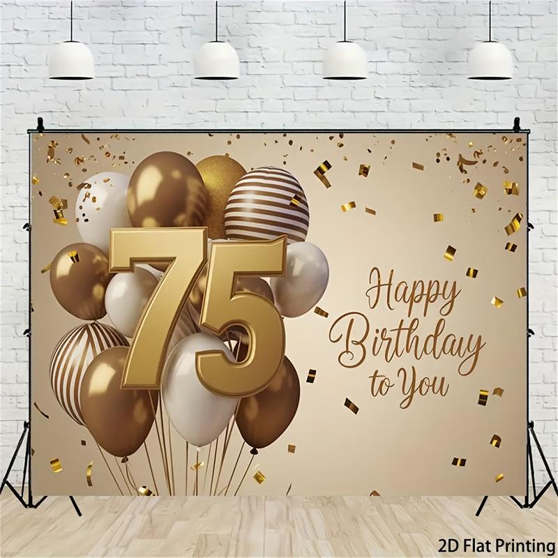1 Goldener Ballon 75. Geburtstag Party Hintergrund - Polyester Material mit goldenem Konfetti und "Happy Birthday"
