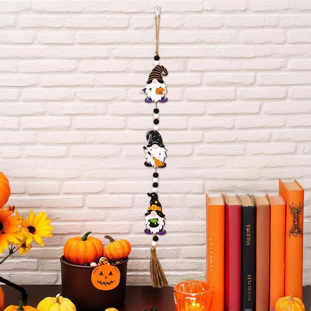Ming Guan Wooden Halloween Sign: Ghost Festival Beaded String with Pumpkin & Bat Pendant for Home or Party Decor