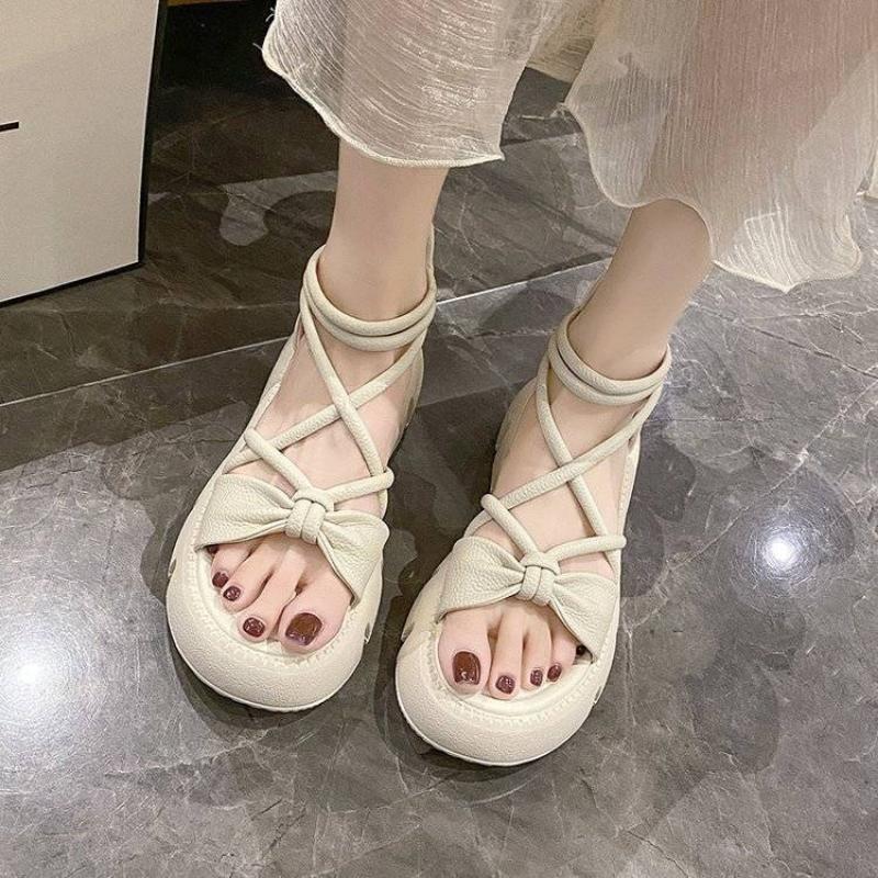Sandals for Woman High Heels Women's Shoes Bow Summer 2025 Zip Footwear Heeled Platform Roman Style Pumps The Best H Daily Shoe