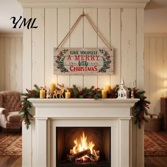 Rustic Farmhouse Wreath Sign Christmas Wood Hanging with Jute Rope, Have Yourself A Merry Durable Little Door Hanger for Home Cafe Bar Decor