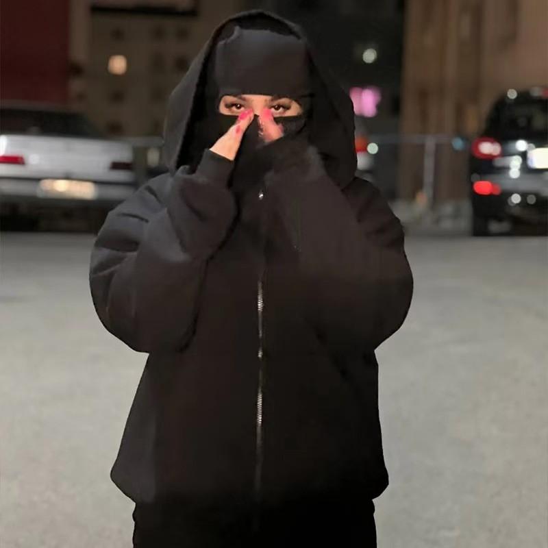 Unisex Oversized Zip-Up Hooded Sweatshirt Winter Warm Fleece Lined Casual Streetwear Korean Style