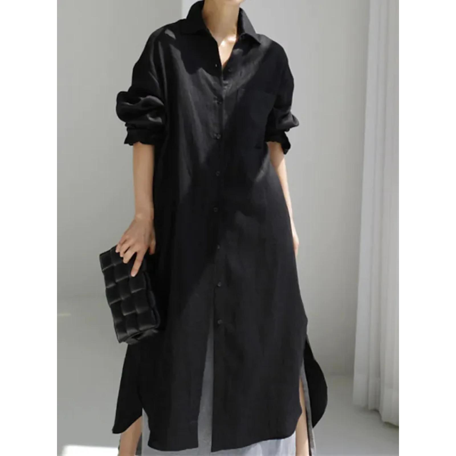 

Spring and Summer Cotton and Linen Shirt Skirt Loose Irregular Shirt Cardigan Long Dress XXL чорний