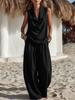 Women Two Piece Outfit Sleeveless Collar Top Wide Leg Pants Set Casual Summer Set