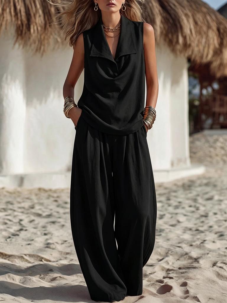 Women Two Piece Outfit Sleeveless Collar Top Wide Leg Pants Set Casual Summer Set