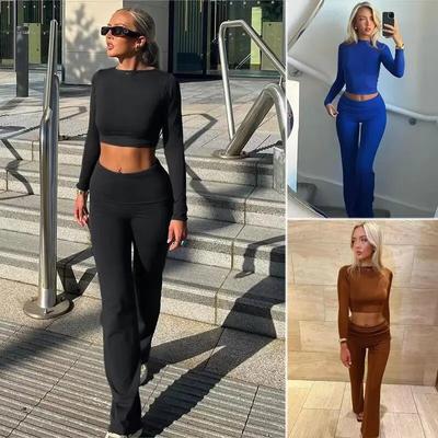 2024 Fashion O Neck Long Sleeve Crop Tops And High Waist Wrap Hip Long Pants Suit 2 Two Piece Sets Womens Outifits Casual Clothes 30647