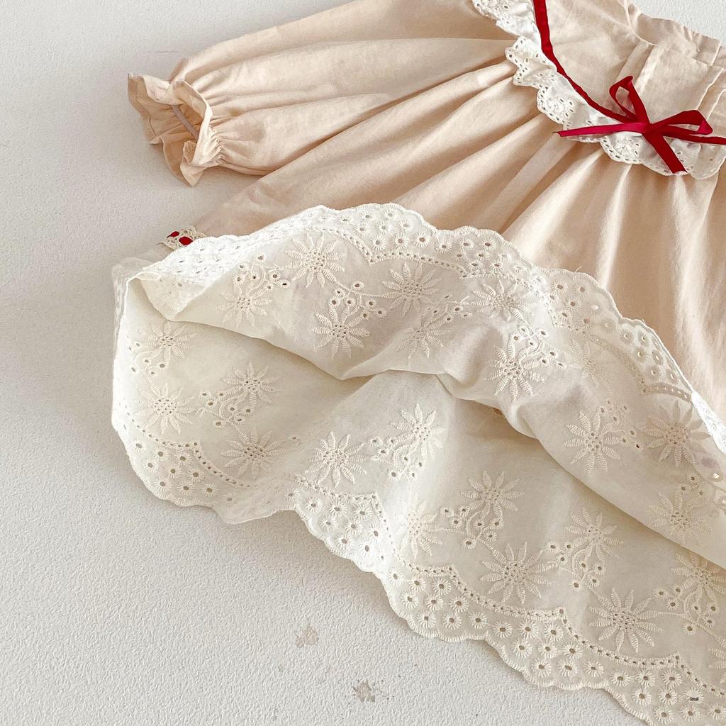 Dívčí volánkové šaty v korejském stylu, jaro 2026: Krajkový lem, Barevný blok, Dlouhý rukáv Sukně