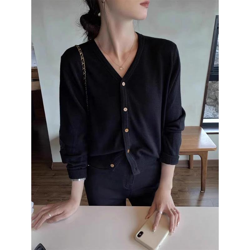 

Желтый вязаный кардиган с V-образным вырезом и длинными рукавами, новая ленивая свободная тонкая куртка-свитер для начала осени average size [recommended 80-60kg] чёрный