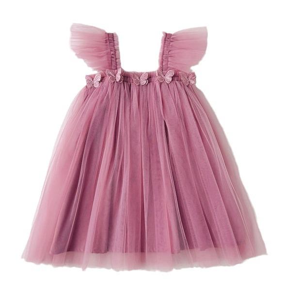 Double-Layer Butterfly Mesh Sweet Girl Strapless Fly-Sleeve Summer Puffy Princess Dress