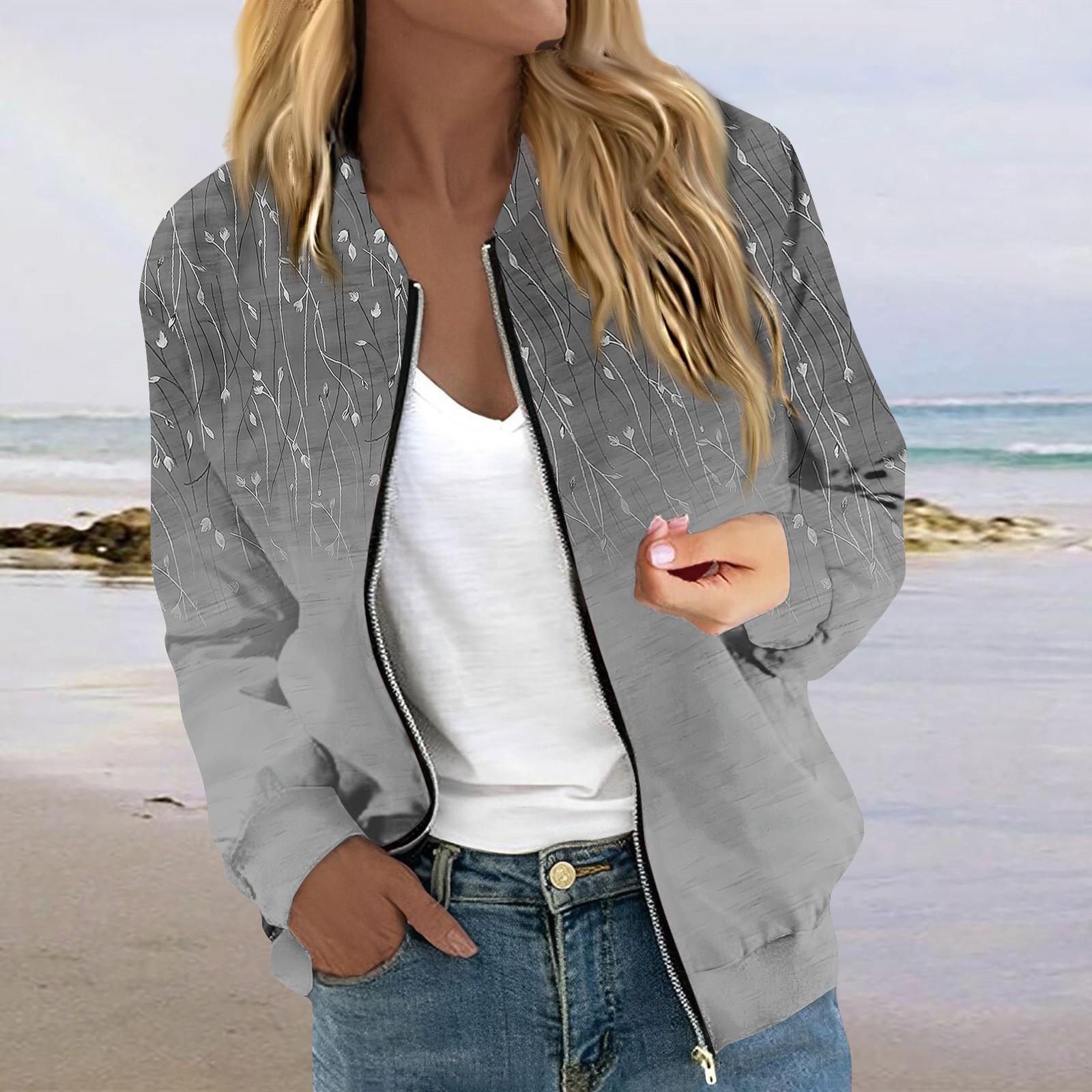 

Женская модная повседневная куртка на молнии с длинным рукавом с принтом и круглым вырезом M серый