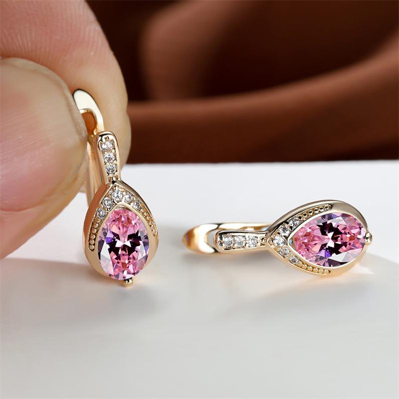 Birnenschliff Königsblau Rot Rosa Schwarz Grüner Stein Creolen für Damen Champagner Gold Farbe Tropfen Zirkon Hochzeits Schmuck Geschenk