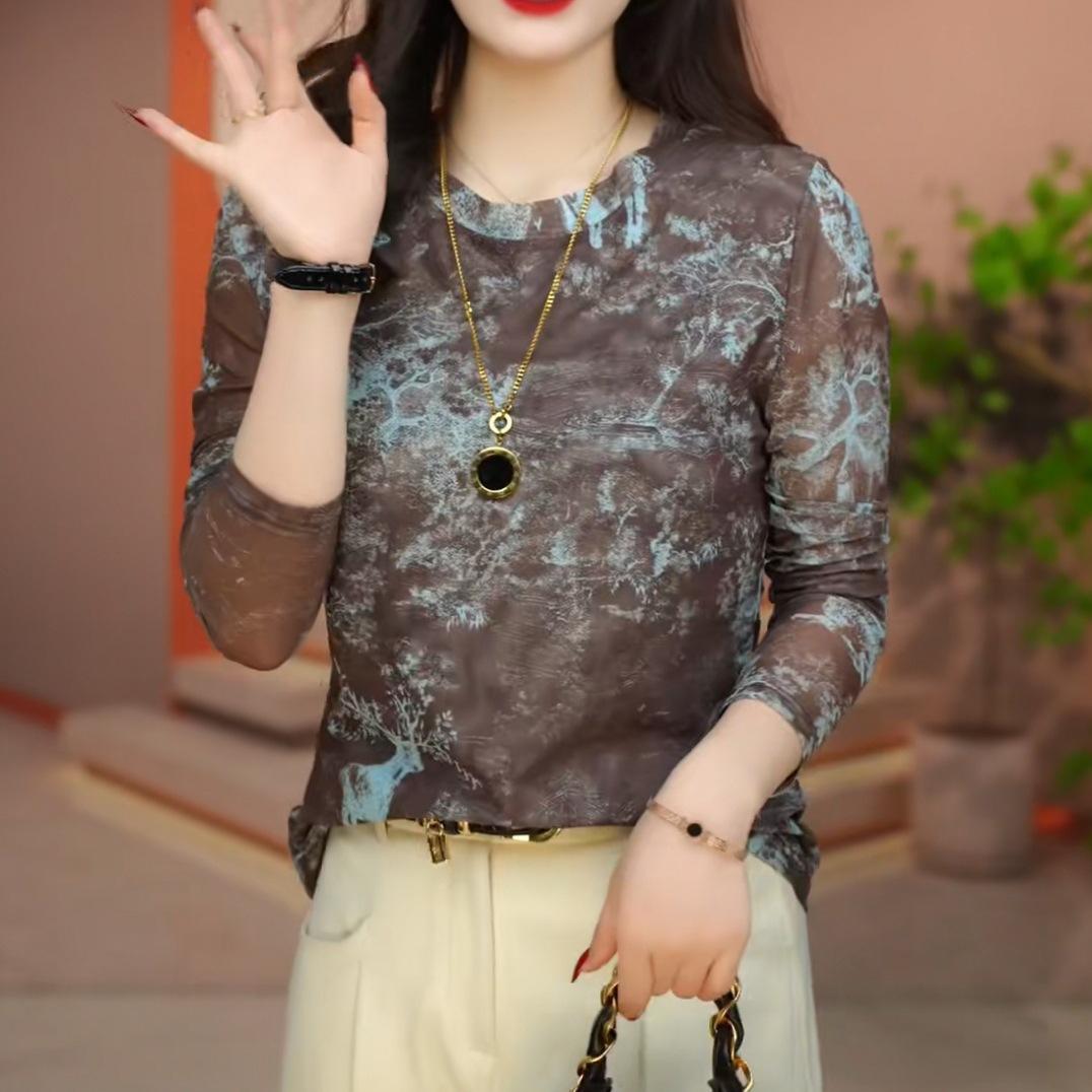 

Женская футболка-рубашка в стиле иностранного стиля, модная, темпераментная, для ранней весны, новая, прикрывающая мясо, и тонкая, с длинными рукавами, с круглым вырезом, футболка-топ 3XL синий