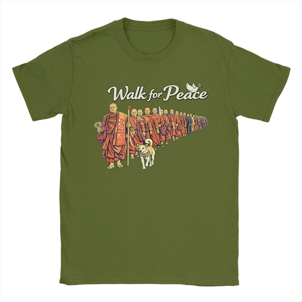 Retro Walk for Peace Monks with Aloka Dog Minimalist Zen Art TShirt Cotton T Shirts For Couple Tee Shirt ShortSleeve Top Tees