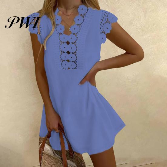Lace Dress Women Hollow Out Summer Flower Pattern A-Line for Daily Wear Mini