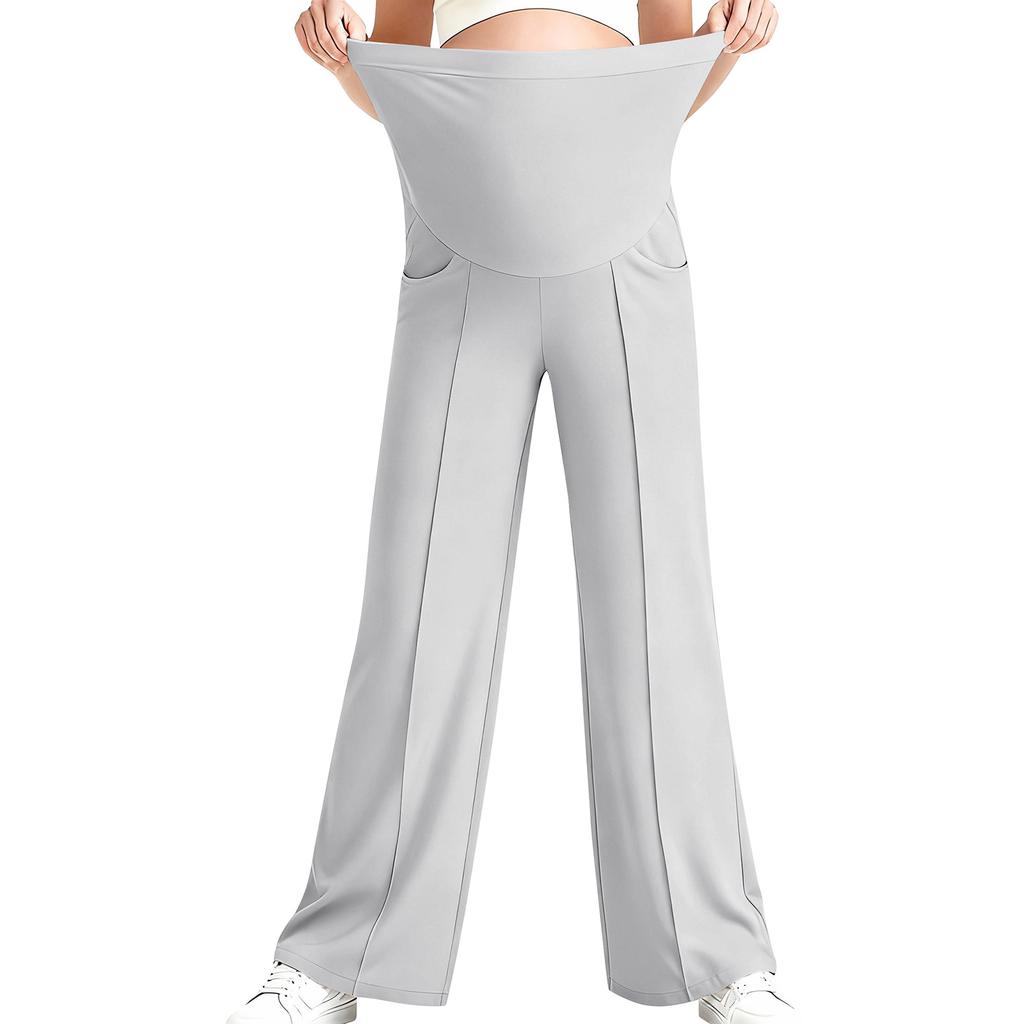 Pantaloni de yoga pentru maternitate, Cu buzunar pe burtă, Pantaloni elastici cu picior larg pentru lucru/casual, Pantaloni lounge pentru maternitate