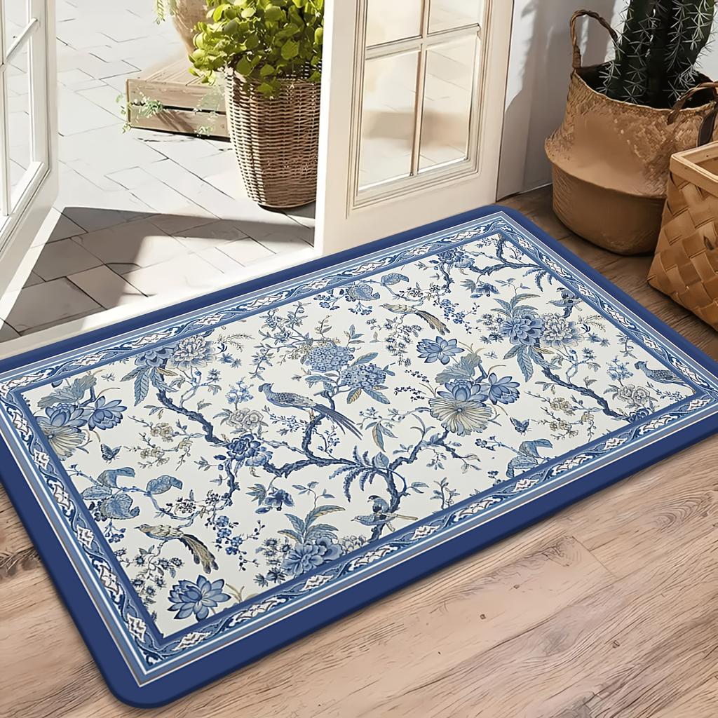 Blue and White Oriental Floral Bird Doormat, Non Slip Floor Mat for Kitchen Hallway and Bedroom, Machine Washable Home Decor