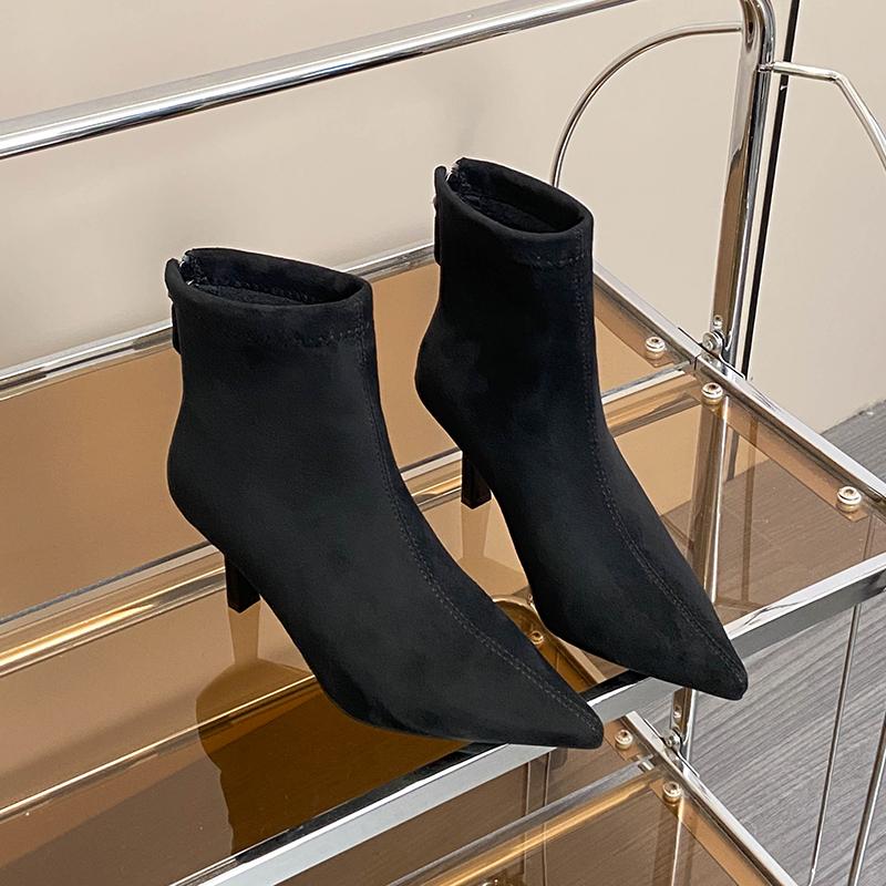 French Suede Pointed Toe Skinny Heel Stretch Skinny Booties Women's Autumn and Winter Outside Wear All-match High Heels