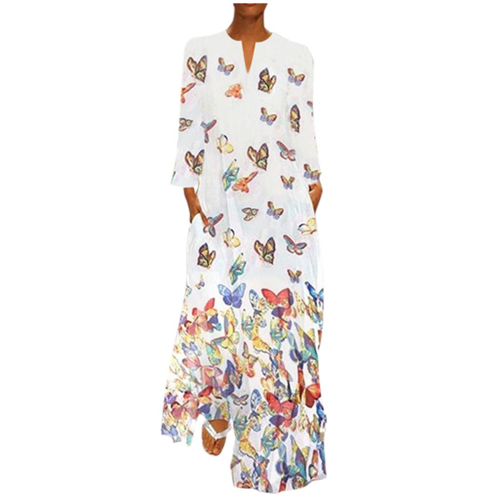 Women's V-Neck Ink Print Butterfly Dress with Pockets, Long Sleeve Summer Style