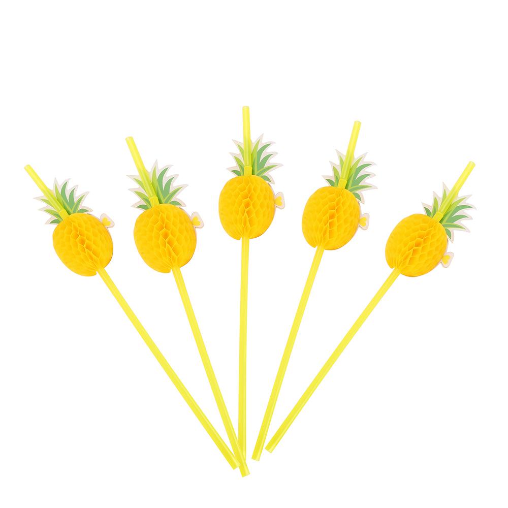Party Decoration Set: Yellow Pineapple Straw Umbrella, Paper Honeycomb Straws, Fruit Garland, Disposable Décor