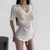 Summer New Female American Spice Girl Style Solid Color Cool Feeling Casual Pure Desire V-neck Short Sleeve Curved Hem Top T-shirt
