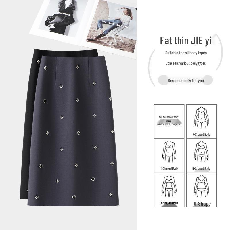 Spring 2026 Light Luxury Grey Embroidered A-Line Slim Skirt for Women