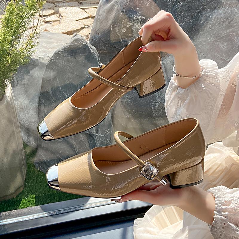 Fashion Genuine Leather French Square Toe Thick Mid Heels Shallow Mouth Mary Jane Shoes Women Pumps Office Career Small Leather Shoe