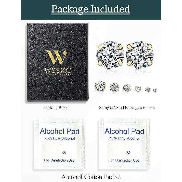 6 Pairs Stud Earrings Set, Hypoallergenic Cubic Zirconia 316L Earrings Stainless Steel CZ Earrings 3-8mm
