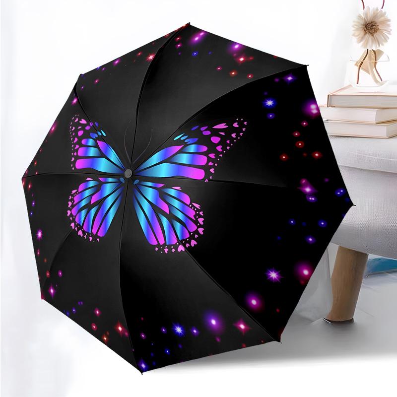 Golden Butterfly Pattern Folding Umbrella Fashion Auto-Open 8 Iron Ribs Plastic Handle Foldable Sunshade Perfect Christmas Gifts