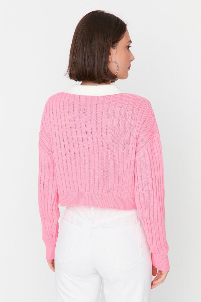 Women's Elegance Style Cardigan Green Super Crop Shirt Collar Knitwear Cardigan