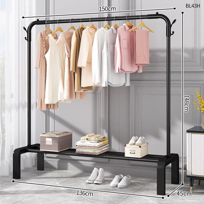 Plastic Floor-Standing Balcony and Bedroom Clothes & Hat Rack, with Folding Drying Pole and Storage.